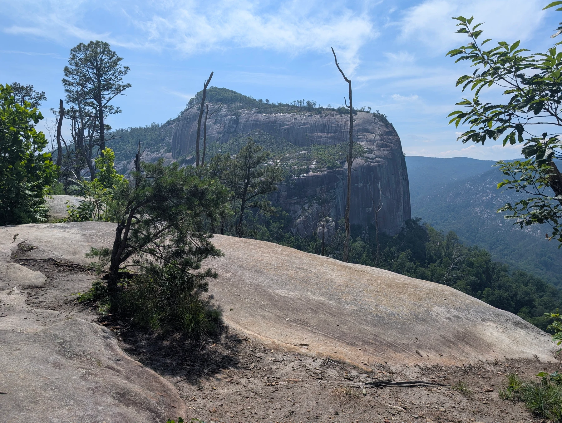 Table Rock’s exposed rock face seen beyond a wooded trail and granite overlook